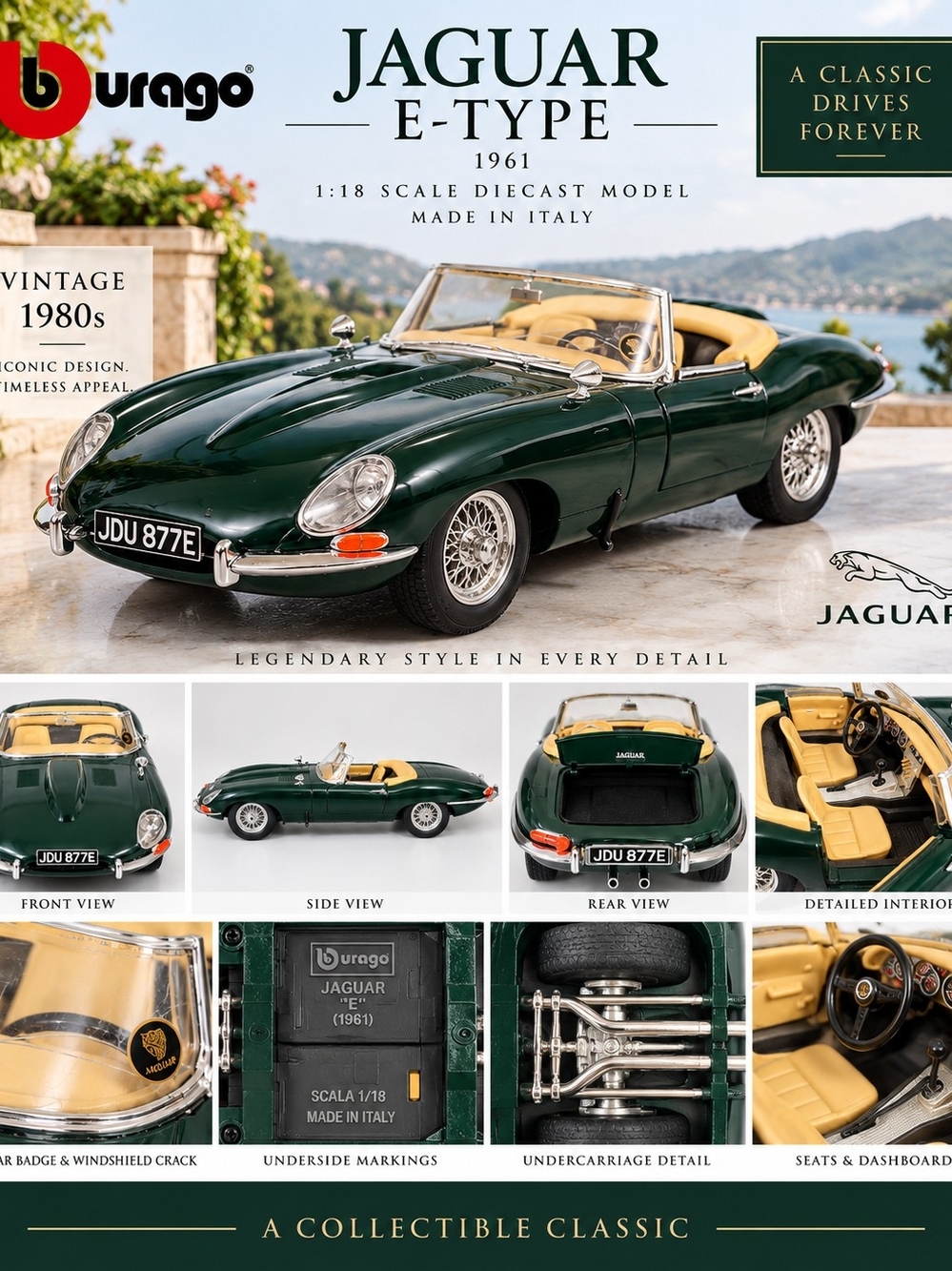 Burago Jaguar E Type Green 1961 Model Car Made in Italy 10" long